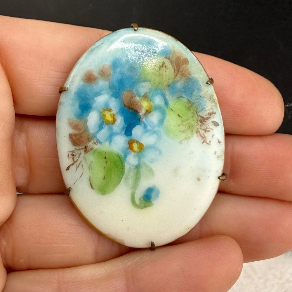 Vintage Victorian Hand Painted Floral Brooch Blue Enamel Oval Brass Tone